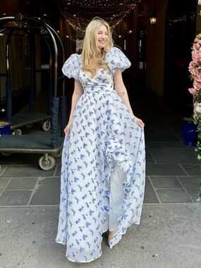 Maya Deluxe - Blue Floral Puff-Sleeve Wrap Maxi Dress - Size Small